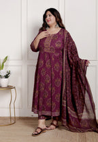 Plus Size Purple Anarkali Cotton Printed Flared Kurta Pant Set with Dupatta-2100002