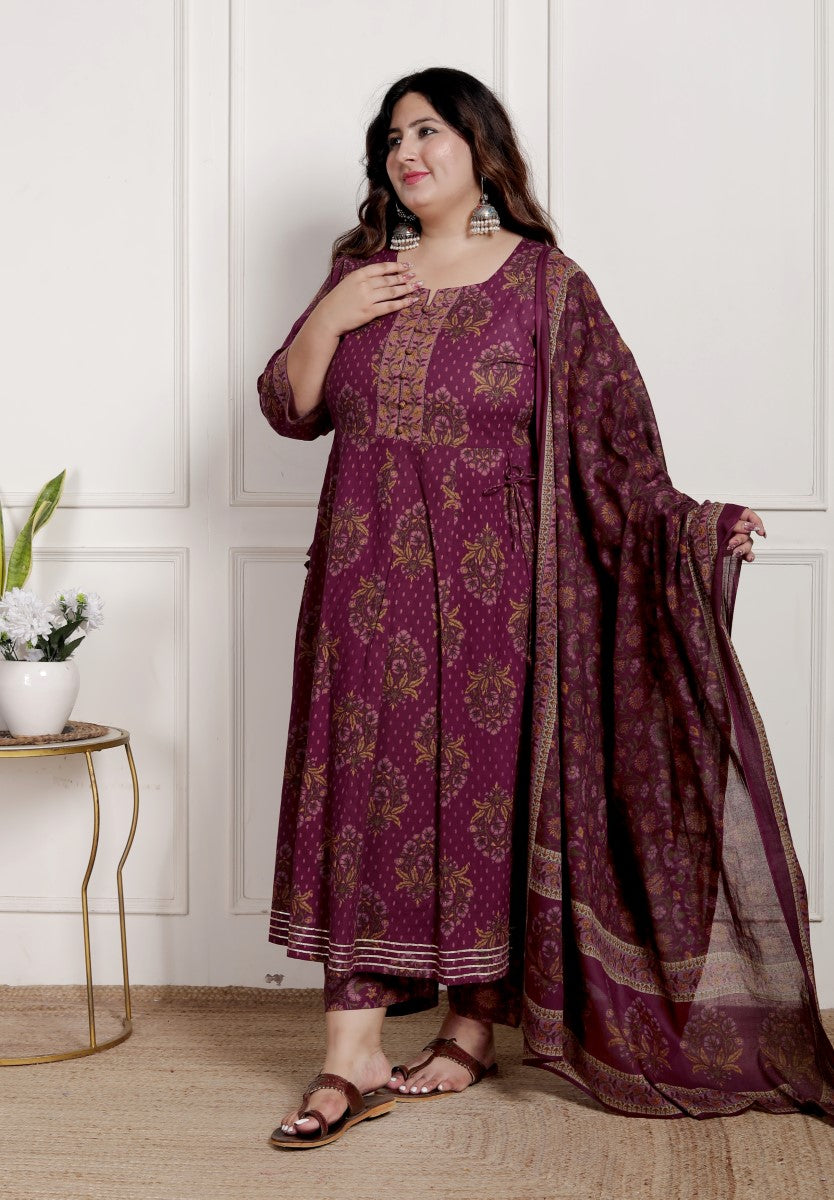 Plus Size Purple Anarkali Cotton Printed Flared Kurta Pant Set with Dupatta-2100002