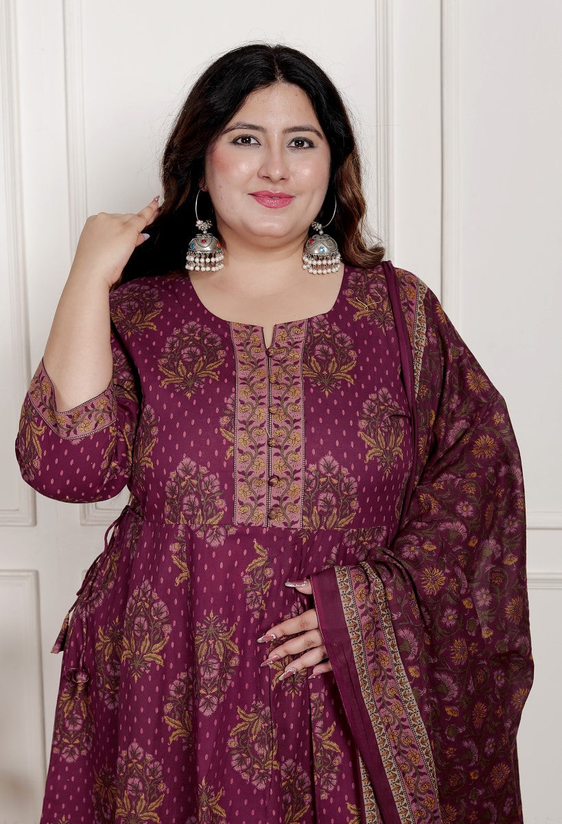 Plus Size Purple Anarkali Cotton Printed Flared Kurta Pant Set with Dupatta-2100002