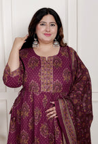 Plus Size Purple Anarkali Cotton Printed Flared Kurta Pant Set with Dupatta-2100002