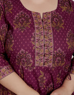 Plus Size Purple Anarkali Cotton Printed Flared Kurta Pant Set with Dupatta-2100002