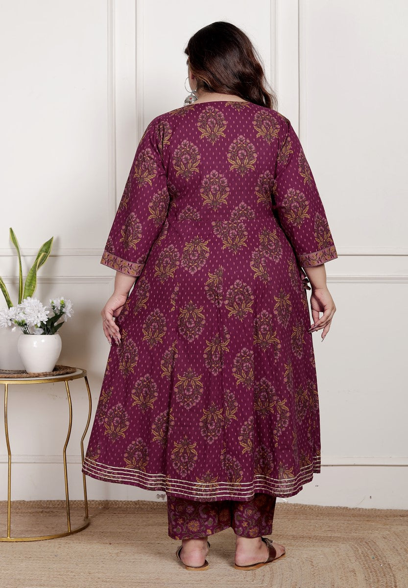 Plus Size Purple Anarkali Cotton Printed Flared Kurta Pant Set with Dupatta-2100002