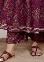 Plus Size Purple Anarkali Cotton Printed Flared Kurta Pant Set with Dupatta-2100002