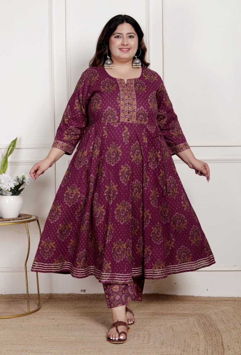 Plus Size Purple Anarkali Cotton Printed Flared Kurta Pant Set with Dupatta-2100002