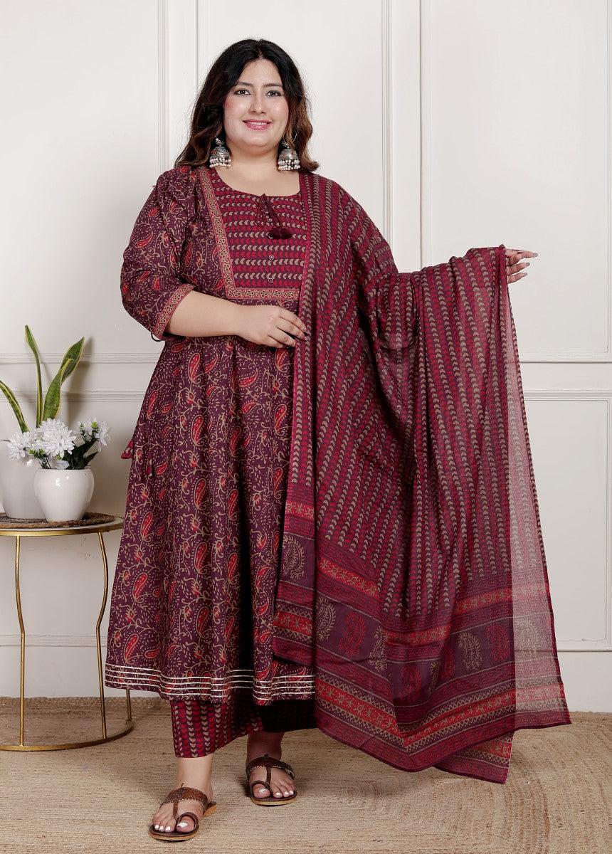 Plus Size Maroon Anarkali Cotton Printed Flared Kurta Pant Set with Dupatta-2100003 Secondary image