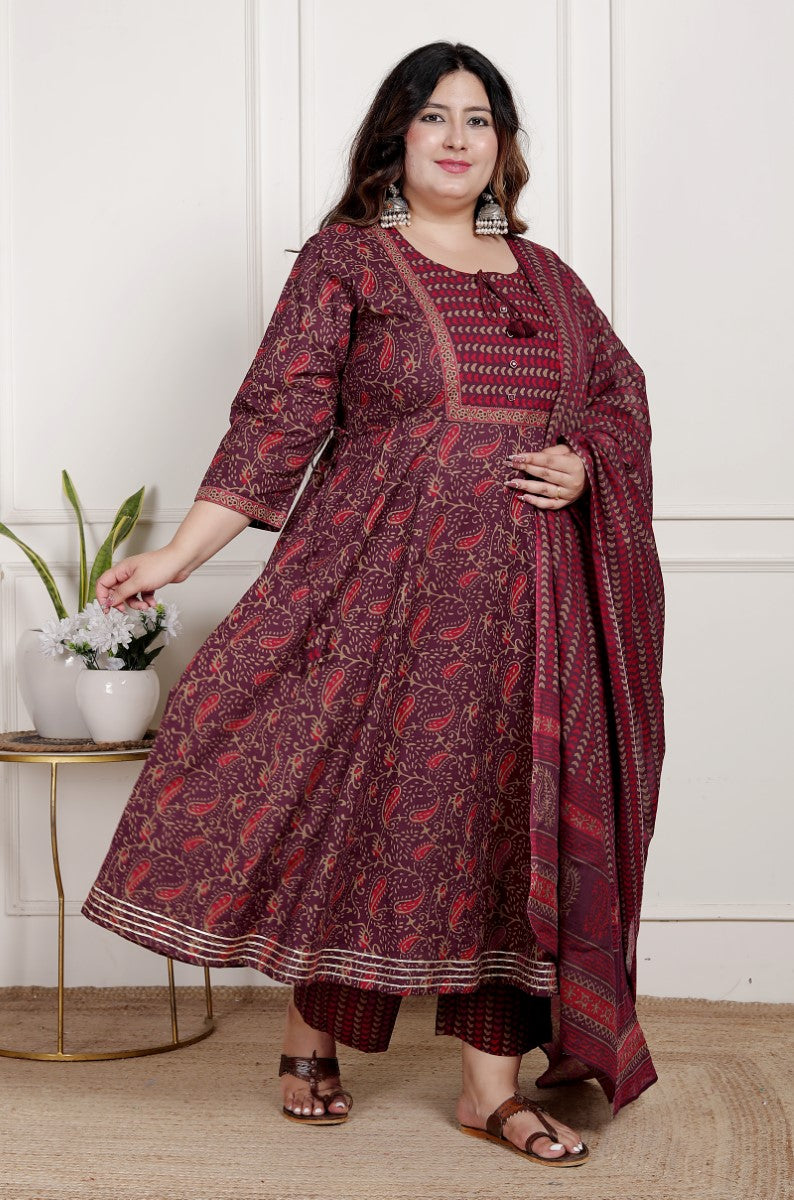Plus Size Maroon Anarkali Cotton Printed Flared Kurta Pant Set with Dupatta-2100003