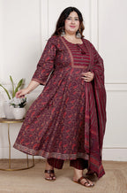 Plus Size Maroon Anarkali Cotton Printed Flared Kurta Pant Set with Dupatta-2100003