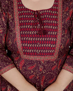 Plus Size Maroon Anarkali Cotton Printed Flared Kurta Pant Set with Dupatta-2100003