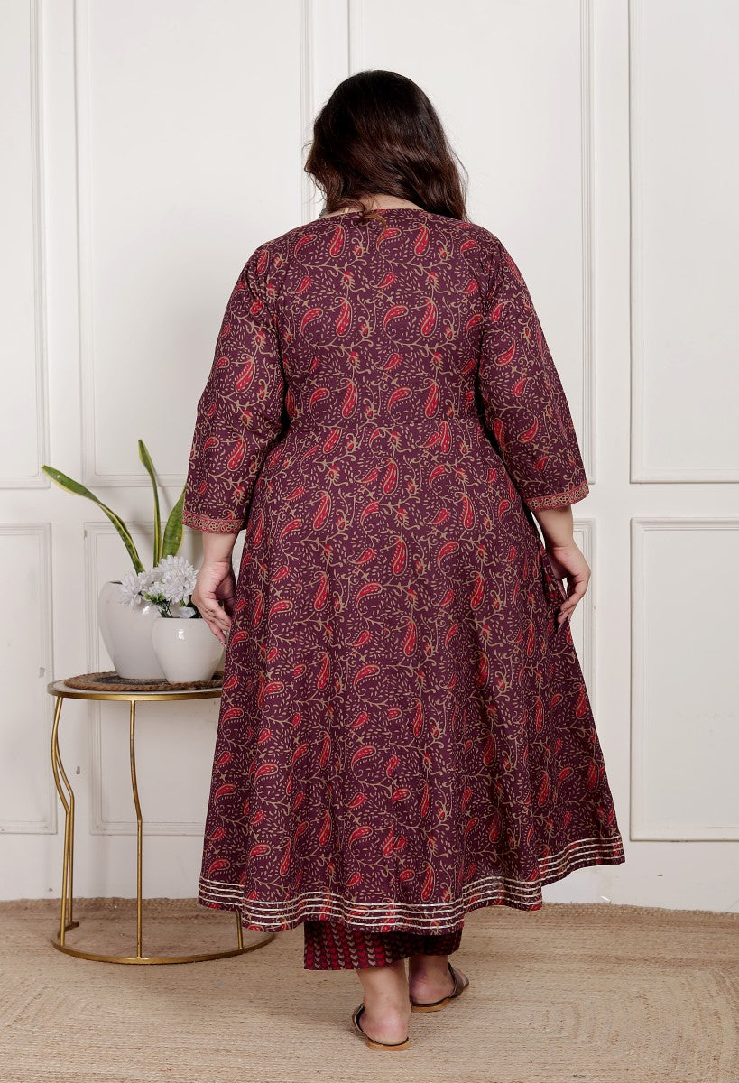 Plus Size Maroon Anarkali Cotton Printed Flared Kurta Pant Set with Dupatta-2100003