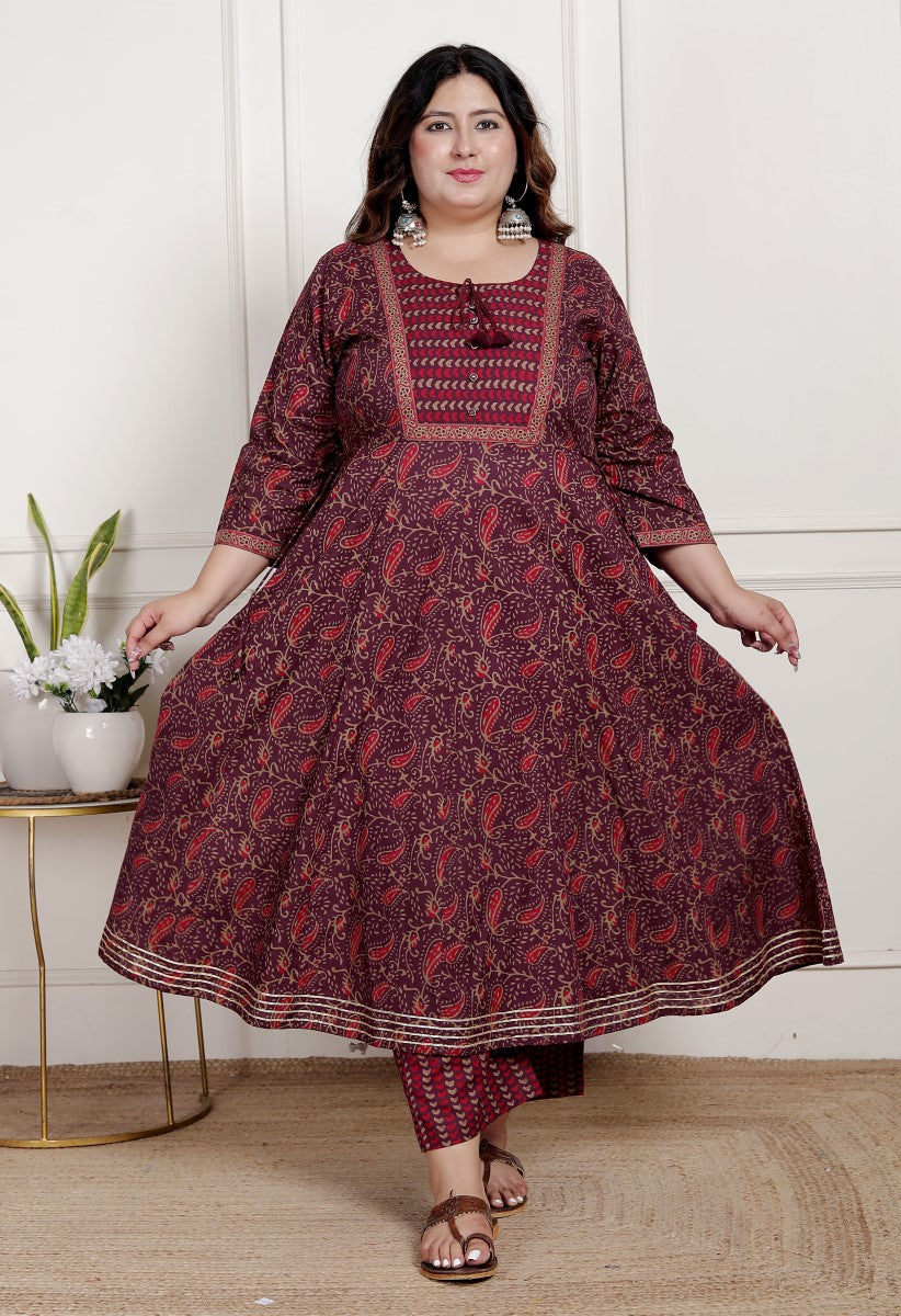 Plus Size Maroon Anarkali Cotton Printed Flared Kurta Pant Set with Dupatta-2100003