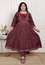 Plus Size Maroon Anarkali Cotton Printed Flared Kurta Pant Set with Dupatta-2100003