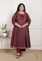 Plus Size Maroon Anarkali Cotton Printed Flared Kurta Pant Set with Dupatta-2100003