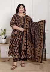 Plus Size Black Anarkali Cotton Printed Flared Kurta Pant Set with Dupatta-2100004