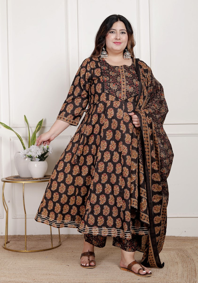 Plus Size Black Anarkali Cotton Printed Flared Kurta Pant Set with Dupatta-2100004