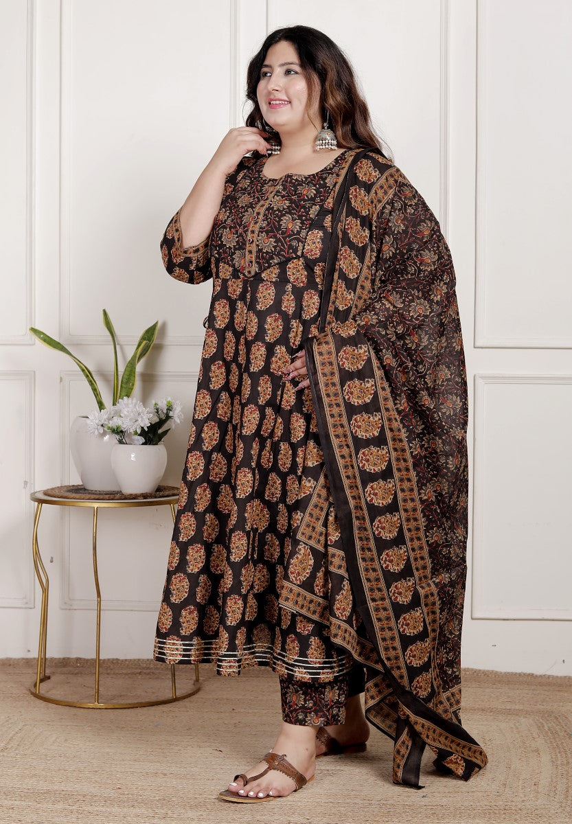 Plus Size Black Anarkali Cotton Printed Flared Kurta Pant Set with Dupatta-2100004
