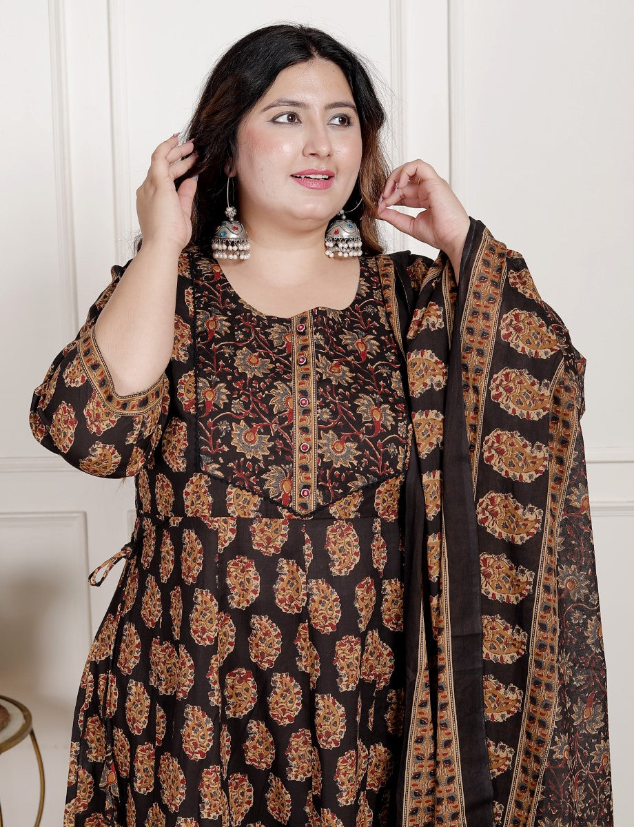 Plus Size Black Anarkali Cotton Printed Flared Kurta Pant Set with Dupatta-2100004