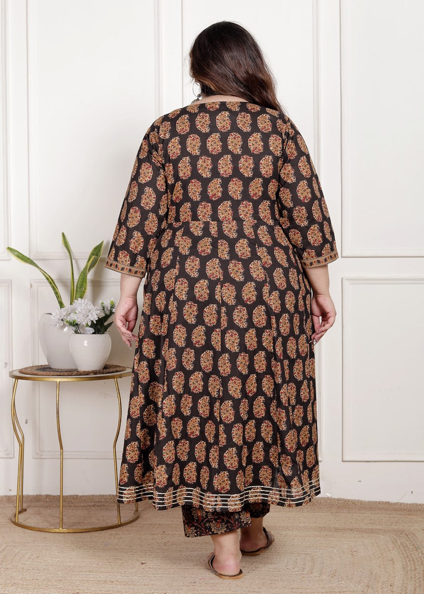Plus Size Black Anarkali Cotton Printed Flared Kurta Pant Set with Dupatta-2100004