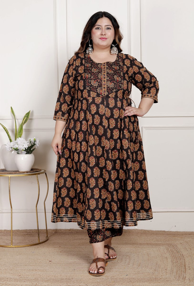 Plus Size Black Anarkali Cotton Printed Flared Kurta Pant Set with Dupatta-2100004