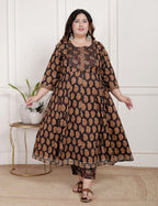 Plus Size Black Anarkali Cotton Printed Flared Kurta Pant Set with Dupatta-2100004