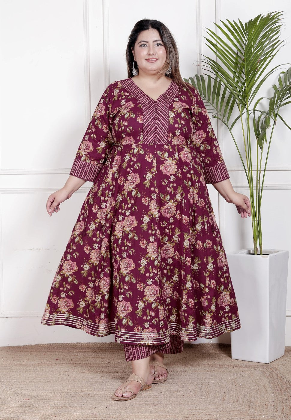 Plus Size Maroon Anarkali Cotton Printed Flared Kurta Pant Set with Dupatta-210006
