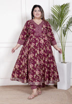 Plus Size Maroon Anarkali Cotton Printed Flared Kurta Pant Set with Dupatta-210006