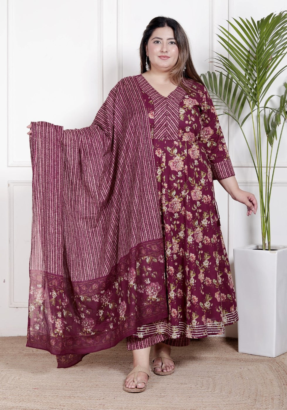 Plus Size Maroon Anarkali Cotton Printed Flared Kurta Pant Set with Dupatta-210006 Secondary image