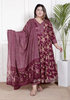 Plus Size Maroon Anarkali Cotton Printed Flared Kurta Pant Set with Dupatta-210006