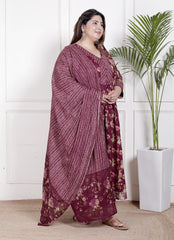 Plus Size Maroon Anarkali Cotton Printed Flared Kurta Pant Set with Dupatta-210006