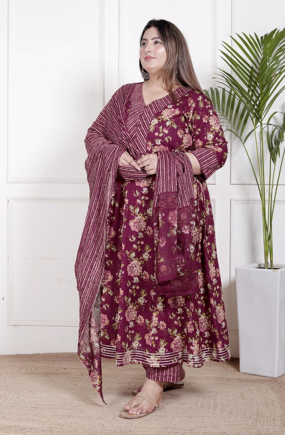 Plus Size Maroon Anarkali Cotton Printed Flared Kurta Pant Set with Dupatta-210006