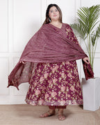 Plus Size Maroon Anarkali Cotton Printed Flared Kurta Pant Set with Dupatta-210006