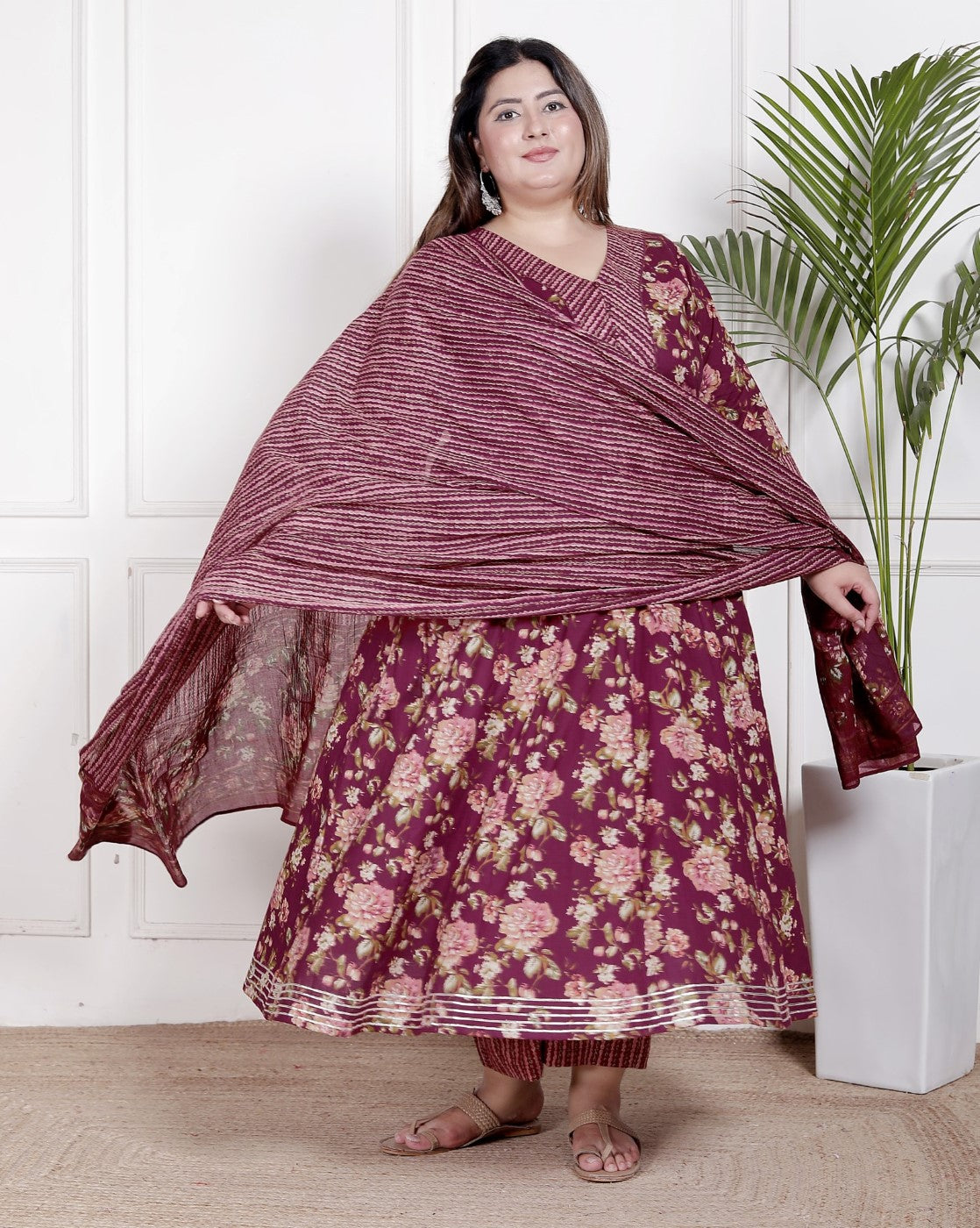Plus Size Maroon Anarkali Cotton Printed Flared Kurta Pant Set with Dupatta-210006
