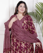 Plus Size Maroon Anarkali Cotton Printed Flared Kurta Pant Set with Dupatta-210006