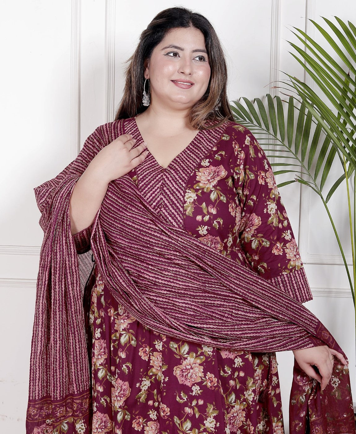 Plus Size Maroon Anarkali Cotton Printed Flared Kurta Pant Set with Dupatta-210006