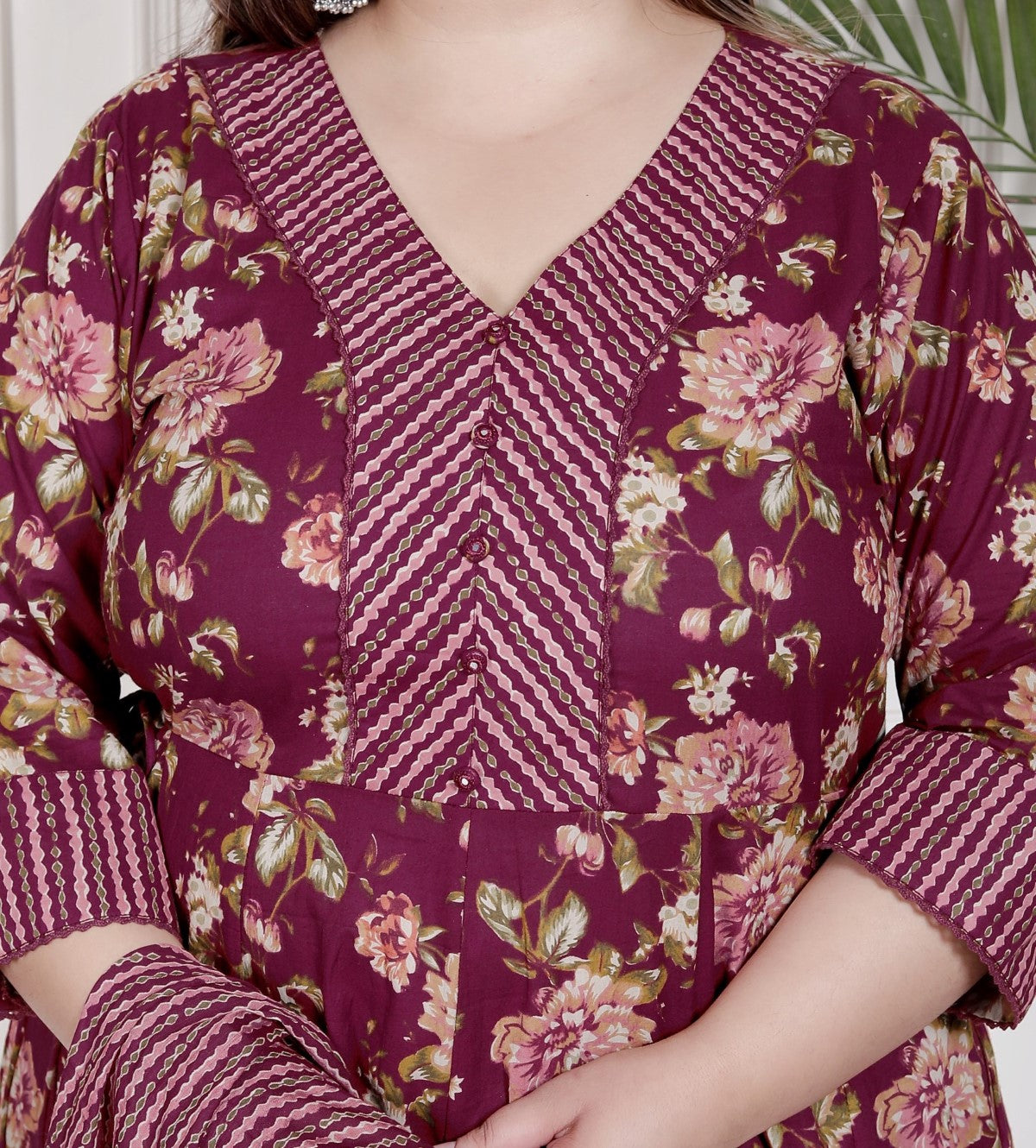 Plus Size Maroon Anarkali Cotton Printed Flared Kurta Pant Set with Dupatta-210006