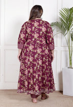 Plus Size Maroon Anarkali Cotton Printed Flared Kurta Pant Set with Dupatta-210006
