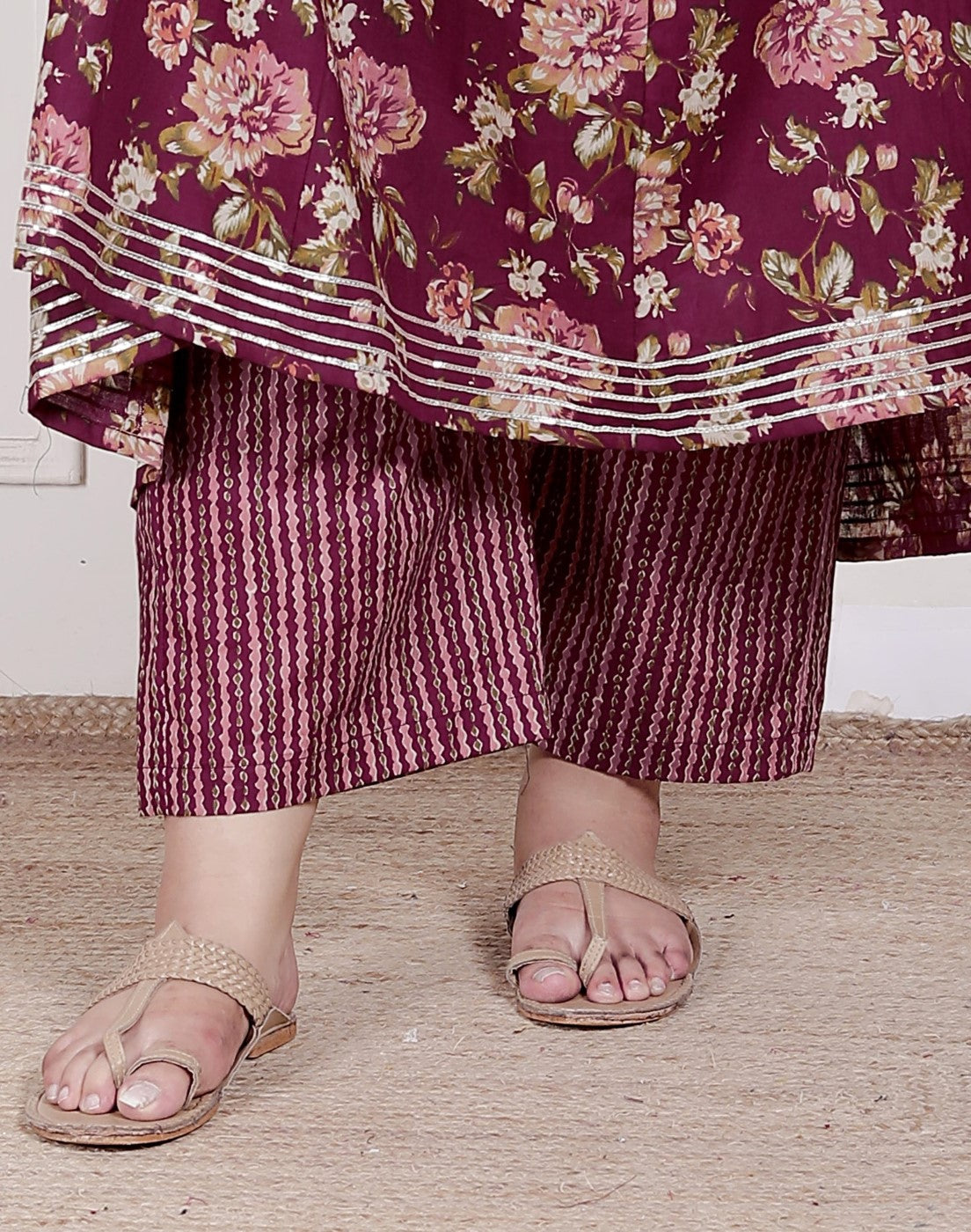 Plus Size Maroon Anarkali Cotton Printed Flared Kurta Pant Set with Dupatta-210006