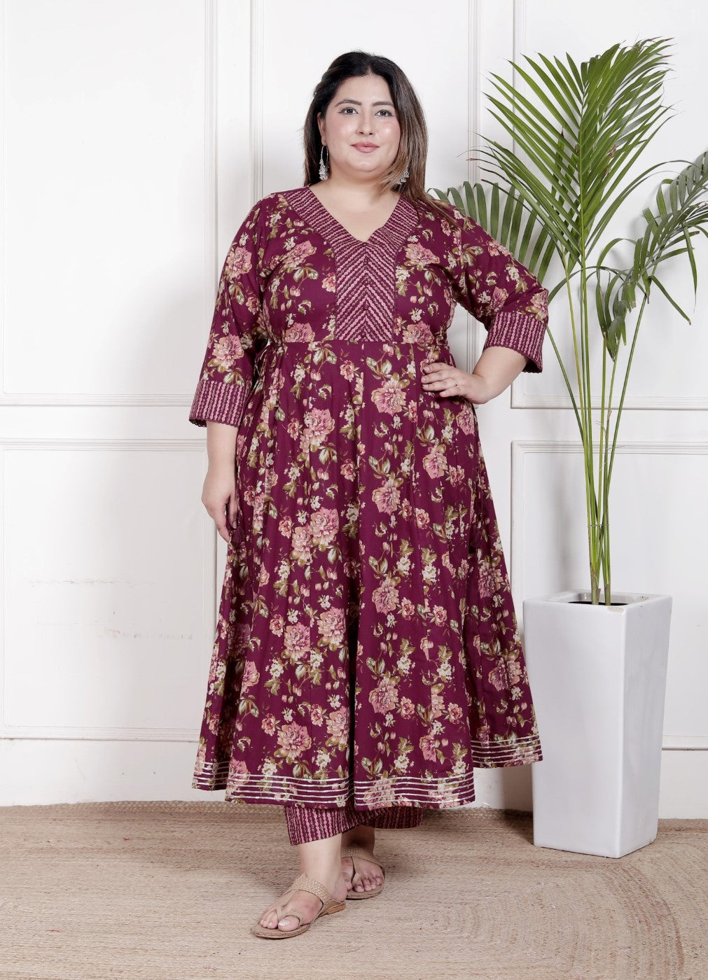Plus Size Maroon Anarkali Cotton Printed Flared Kurta Pant Set with Dupatta-210006