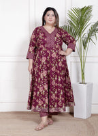 Plus Size Maroon Anarkali Cotton Printed Flared Kurta Pant Set with Dupatta-210006