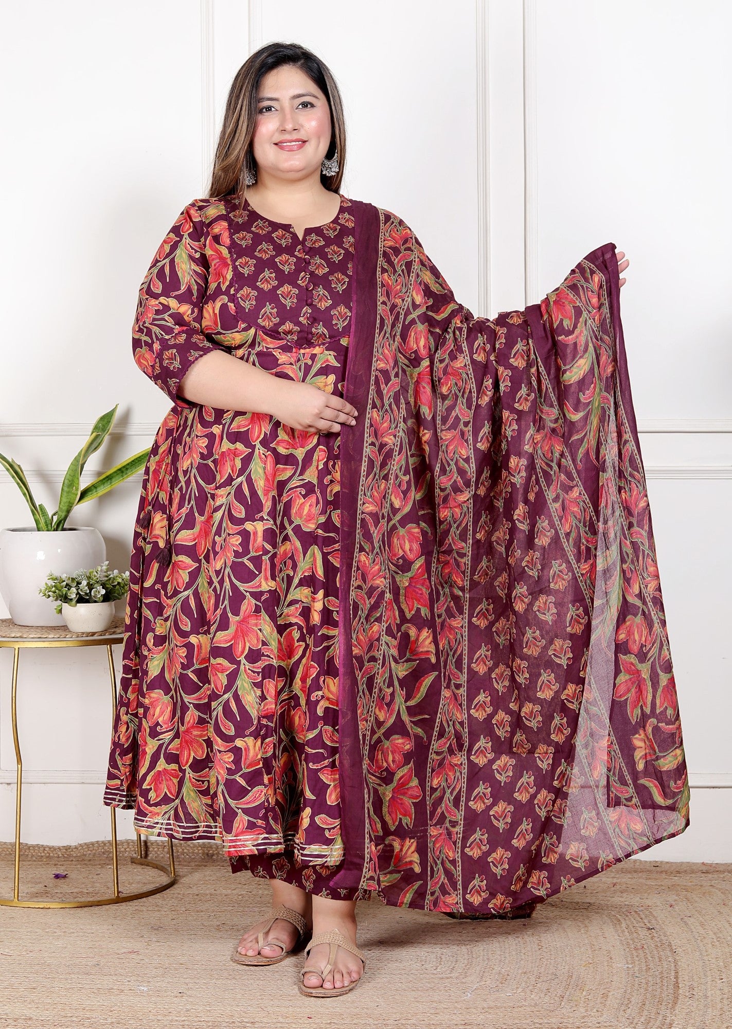 Plus Size Purple Anarkali Cotton Printed Flared Kurta Pant Set with Dupatta-210007 Main image