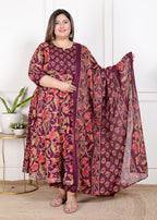 Plus Size Purple Anarkali Cotton Printed Flared Kurta Pant Set with Dupatta-210007