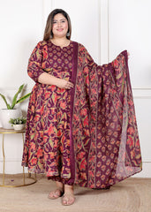 Plus Size Purple Anarkali Cotton Printed Flared Kurta Pant Set with Dupatta-210007