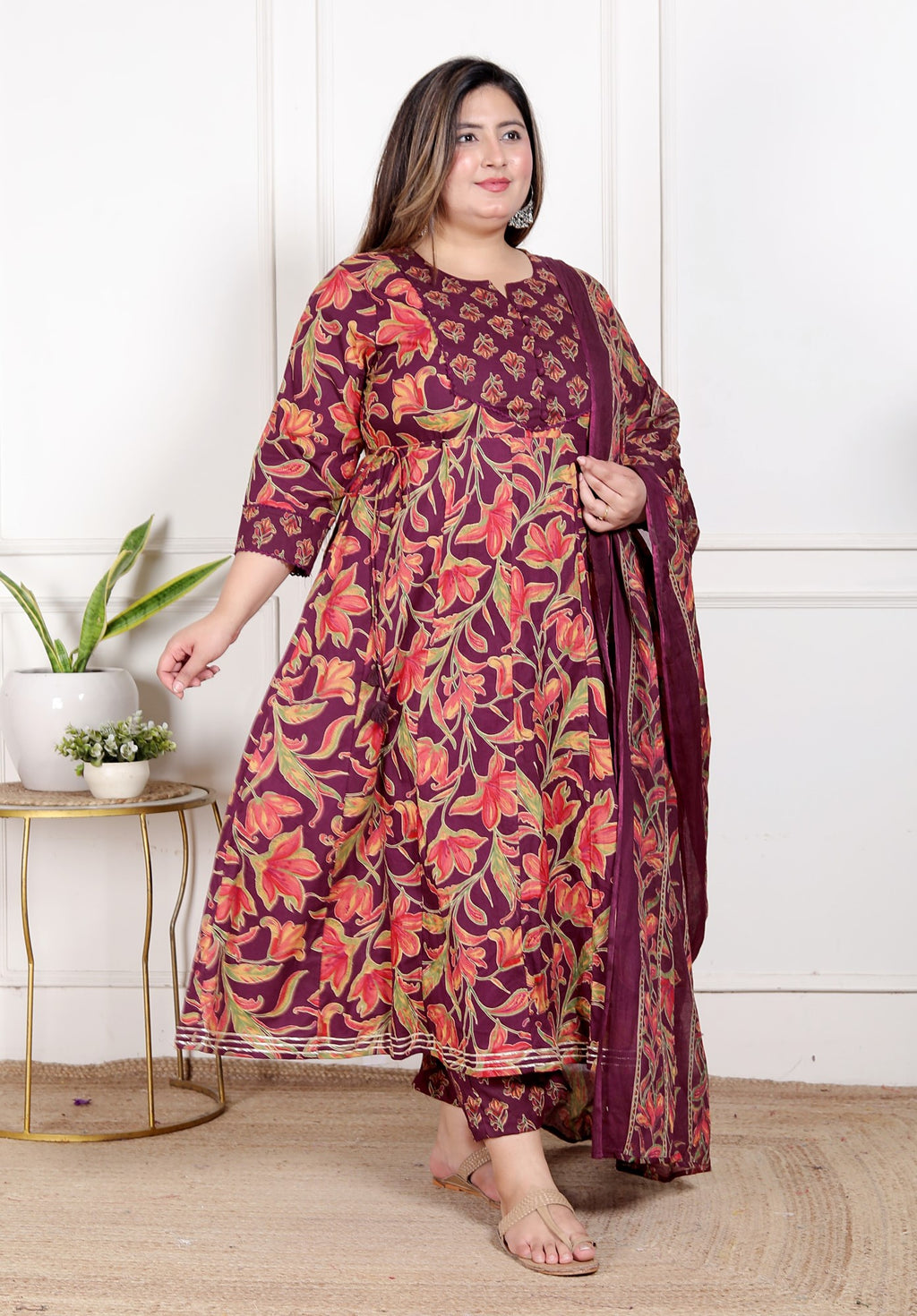 Plus Size Purple Anarkali Cotton Printed Flared Kurta Pant Set with Dupatta-210007