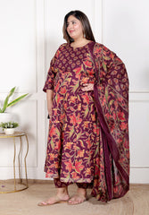 Plus Size Purple Anarkali Cotton Printed Flared Kurta Pant Set with Dupatta-210007