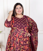 Plus Size Purple Anarkali Cotton Printed Flared Kurta Pant Set with Dupatta-210007