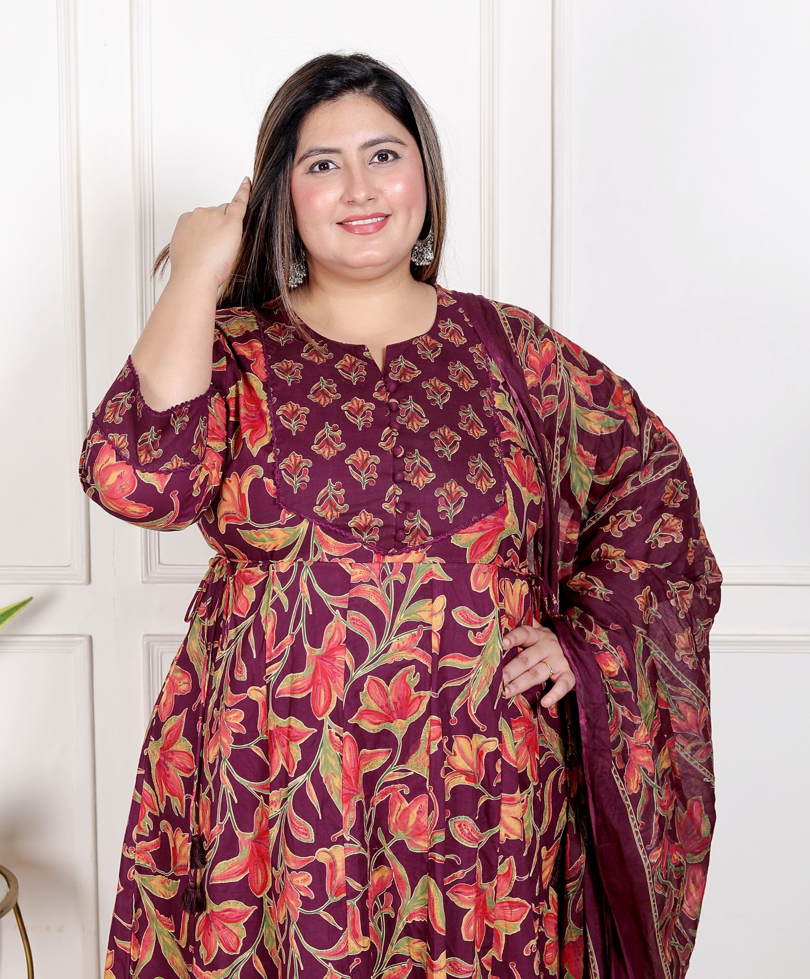 Plus Size Purple Anarkali Cotton Printed Flared Kurta Pant Set with Dupatta-210007