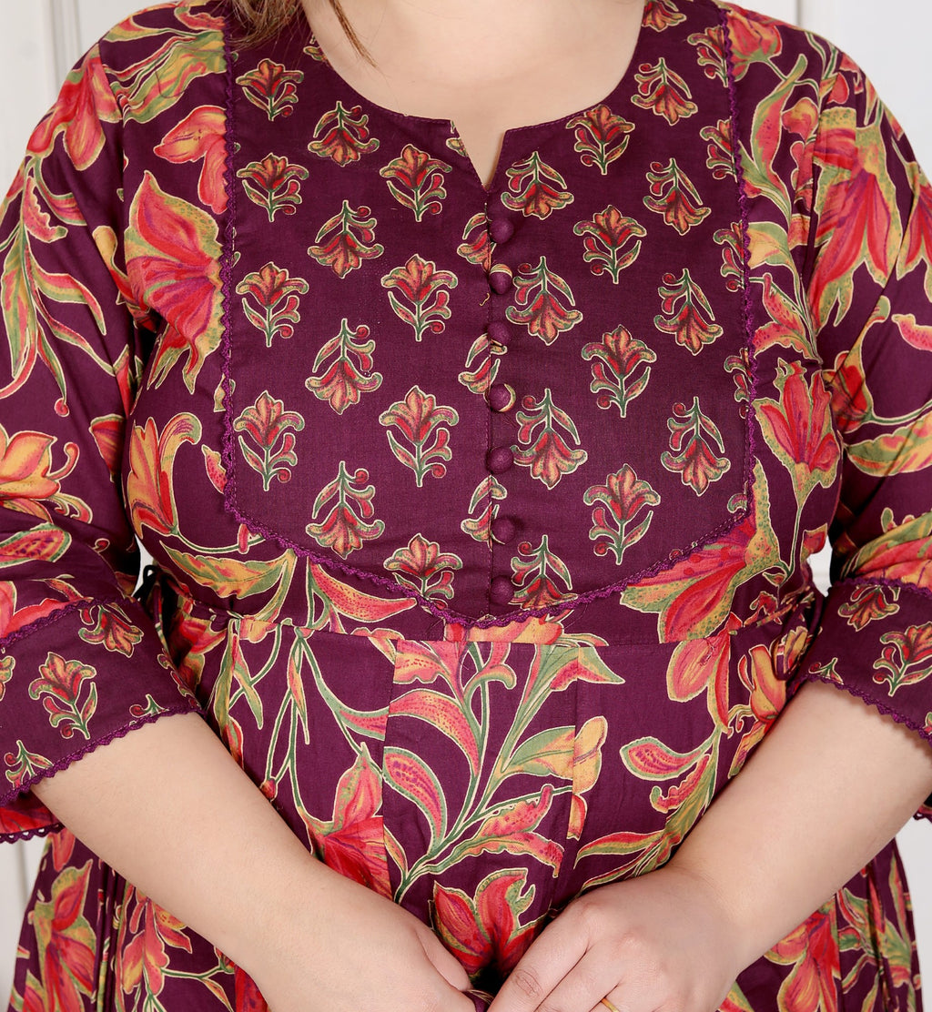 Plus Size Purple Anarkali Cotton Printed Flared Kurta Pant Set with Dupatta-210007