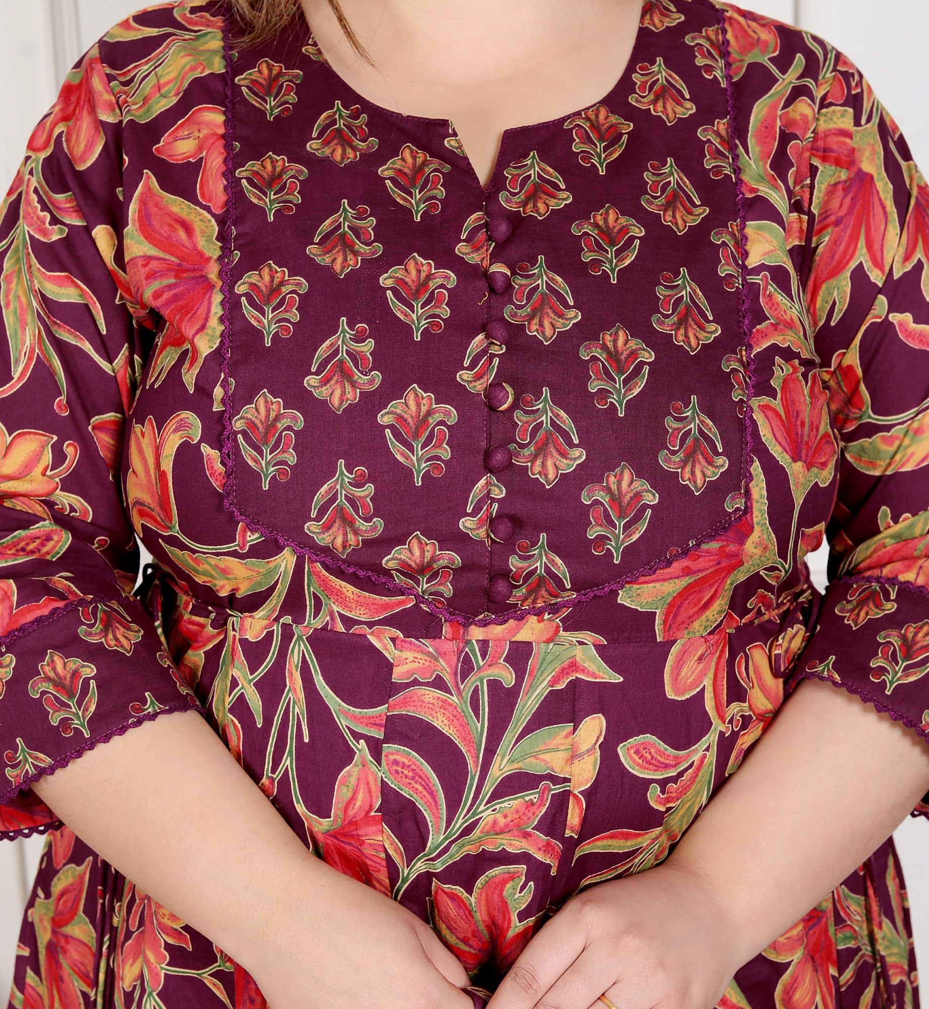 Plus Size Purple Anarkali Cotton Printed Flared Kurta Pant Set with Dupatta-210007