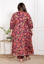 Plus Size Purple Anarkali Cotton Printed Flared Kurta Pant Set with Dupatta-210007
