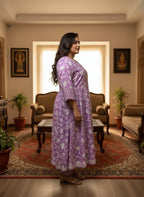 Plus Size Purple Anarkali Cotton Printed Flared Kurta Pant Set with Dupatta-210008