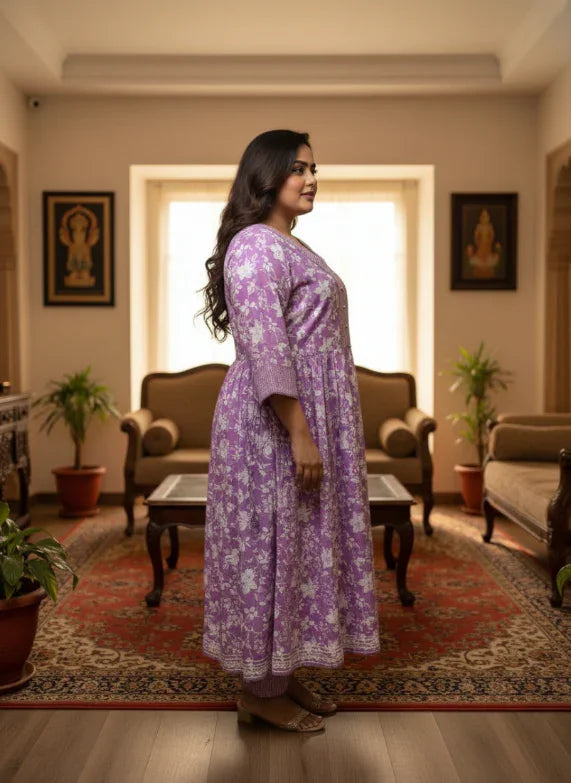 Plus Size Purple Anarkali Cotton Printed Flared Kurta Pant Set with Dupatta-210008